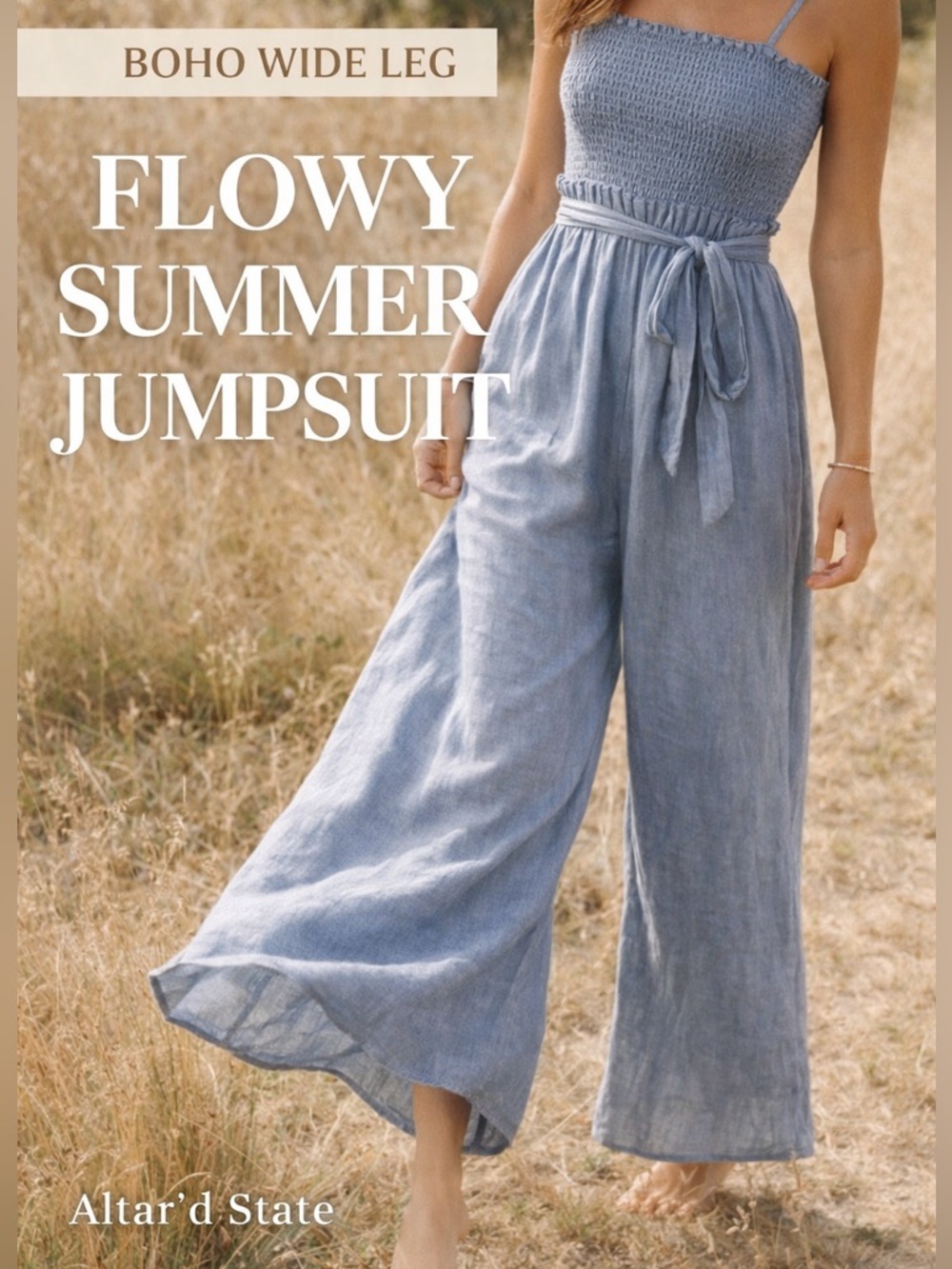 Altar’d State Smocked Wide Leg Jumpsuit Blue Tie Waist Flowy Cotton Blend Boho